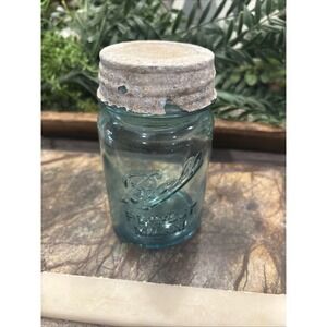 Antique Ball Perfect Mason Jar Blue Glass Pint Tin Lid 1913 - 1922 1920s #2
